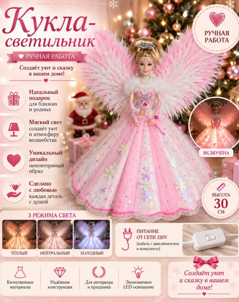 Розовый ангел со снежинками — Мастерская Ирины