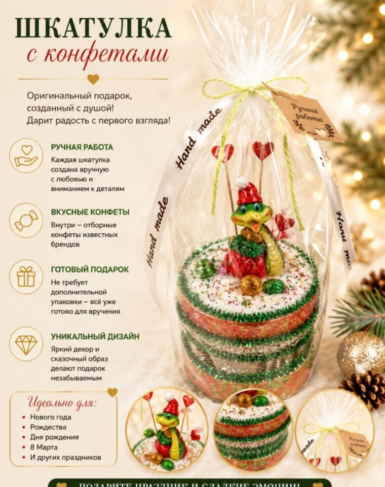 Шкатулка с конфетами «Дракончик в красной шапке»