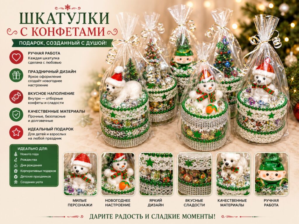 Подарочные шкатулки «Медвежонок и снеговички»