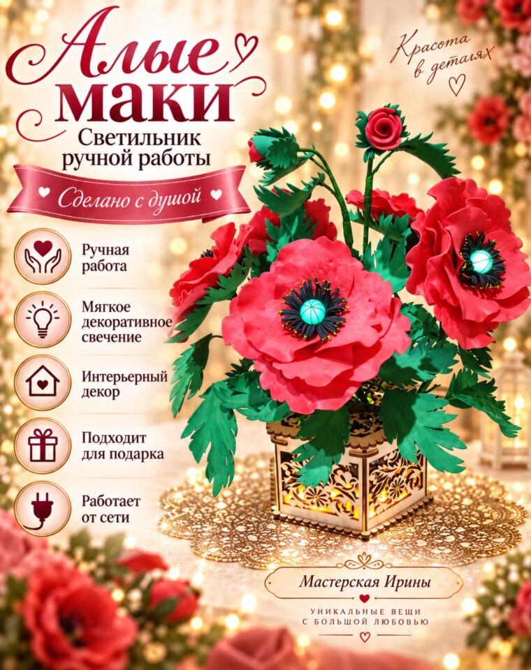 Светильник «Алые маки» ручной работы — «Мастерская Ирины»
