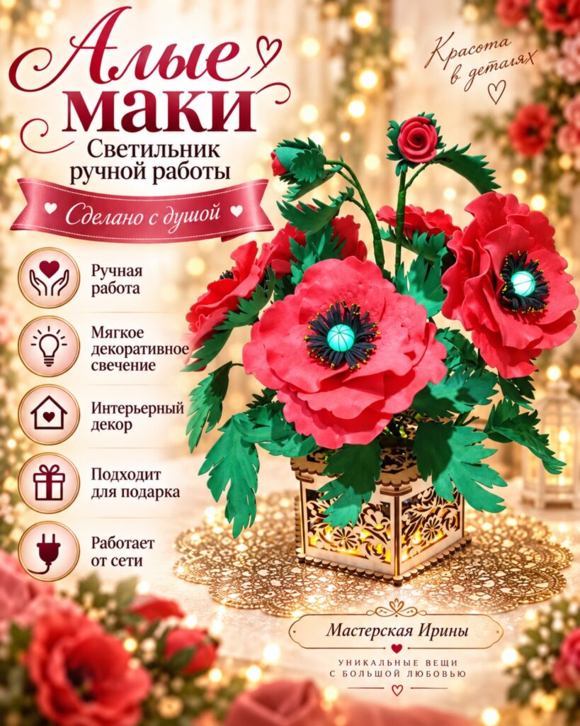 Светильник «Алые маки» ручной работы — «Мастерская Ирины»