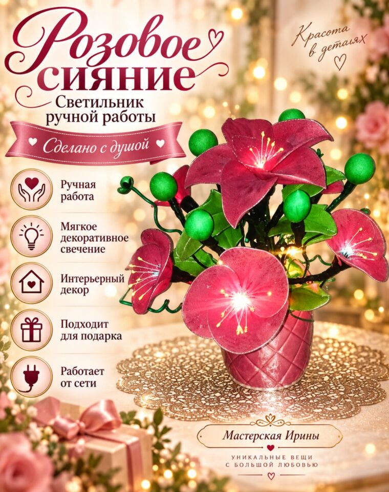Светильник «Розовое сияние» ручной работы — «Мастерская Ирины»