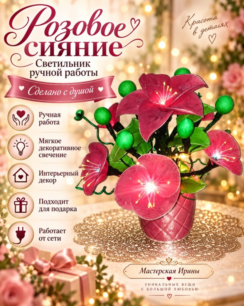 Светильник «Розовое сияние» ручной работы — «Мастерская Ирины»