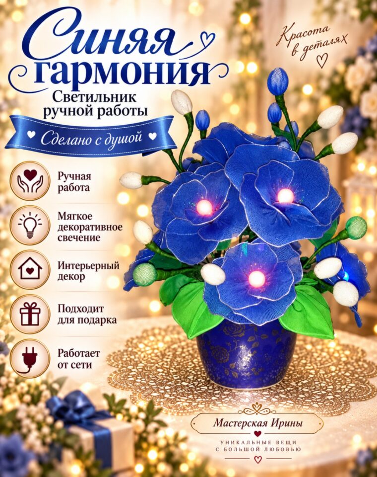 Синий цветочный светильник «Синяя гармония» ручной работы